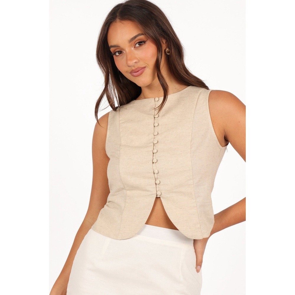 NWT Petal & Pup Daniella Linen Vest Women's Size Medium Oatmeal Button Up